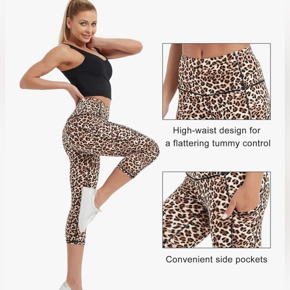 Stelle Capri Leopard Yoga Pants with Pockets Essential High Waisted Size Medium - Picture 3 of 4